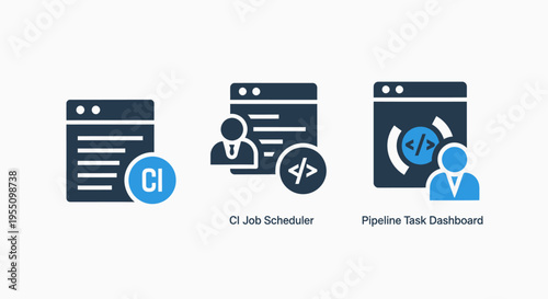 Computer window icons: ci system, job schedule, and real-time dashboard - software development and automation concept