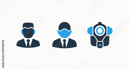 Person icon, person with mask icon, and drone icon - safety, security, and surveillance concept