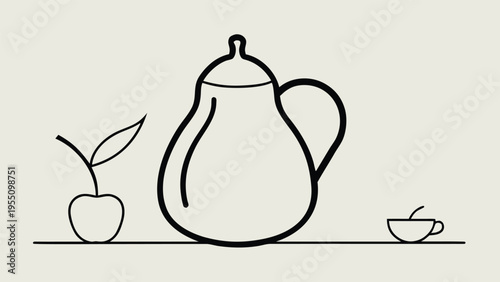 Vector art of a minimalist line art illustration of a teapot, cherry, and cup, creating a simple and elegant design on a beige background