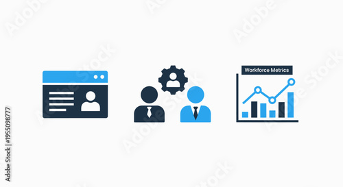 Business analytics, teamwork collaboration, and user profile management icons for corporate strategy and growth solutions