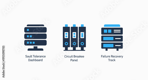 Data storage and server icons set featuring backup dashboard, critical rack, and recovery systems for it infrastructure