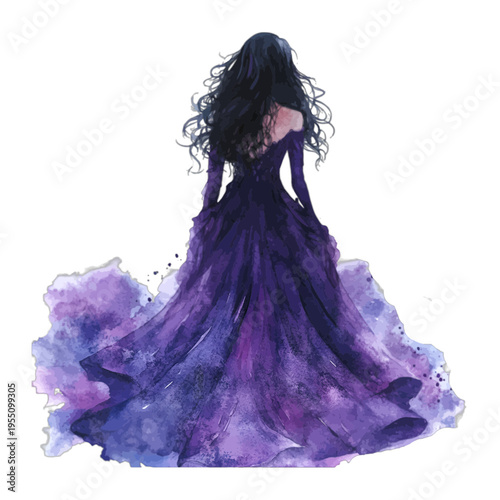 Watercolor illustration of woman in purple flowing gown seen from behind
