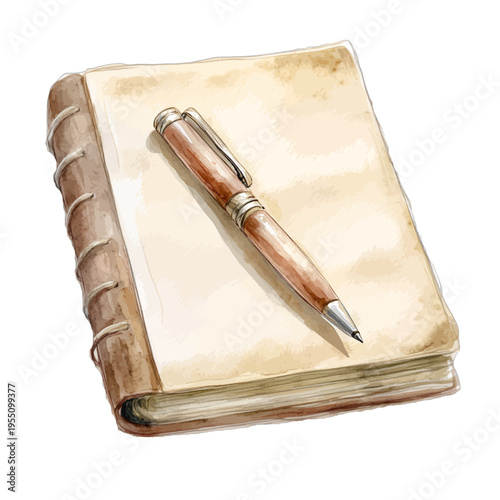 Watercolor vintage leather journal with twine binding and antique pen