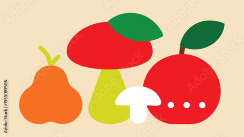 Vector art of colorful fruit and mushroom collection on a beige background, including pear, apple, fly agaric, and other types of edible fungi