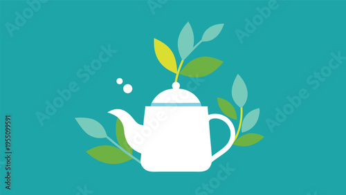 Vector art of a white teapot with green leaves and two bubbles on a teal background, perfect for a tea shop or a tearelated product advertisement