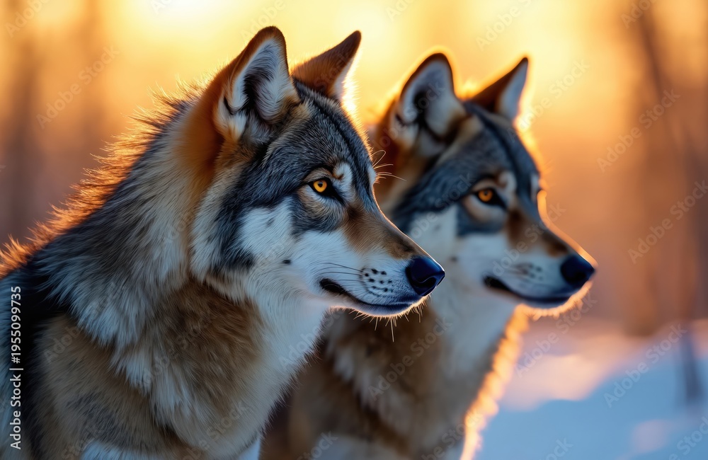 Fototapeta premium Two wolves stand alert in golden dawn light. Their amber eyes watch the winter landscape. Fur glows, frost sparkles on snow covered ground. Wild canines face cold morning.