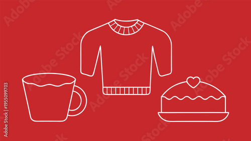 Vector art of a cozy illustration featuring a sweater, mug, and cake, perfect for conveying warmth and comfort in your designs