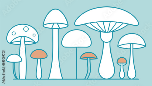 Vector art of a delightful collection of whimsical mushrooms in a variety of shapes and sizes, perfect for adding a touch of nature to any design