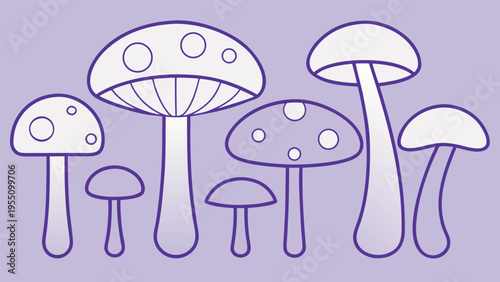 Vector art of a delightful array of outlined mushrooms in different shapes and sizes against a soft purple backdrop, a whimsical vector art