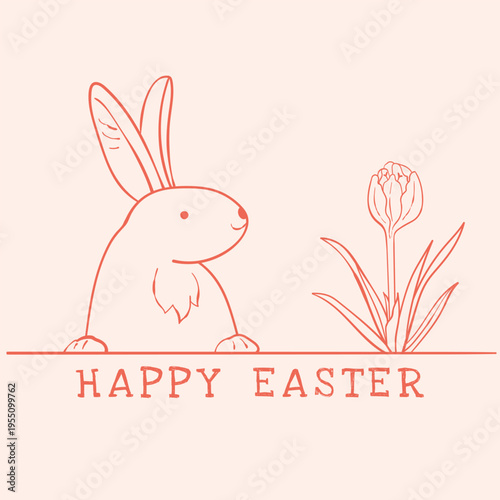 Easter bunny with flower and text in simple line style. Cute pastel design for card, print and spring holiday decor.