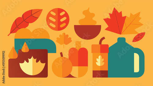 Vector art of a collection of autumnthemed icons in a flat vector style with warm colors on a yellow background, perfect for fall designs