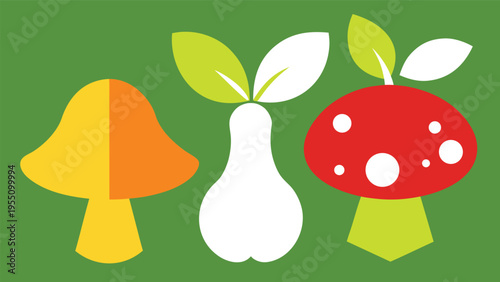 Vector art of colorful mushroom, pear, and toadstool on a green background, perfect for a vibrant and eyecatching design