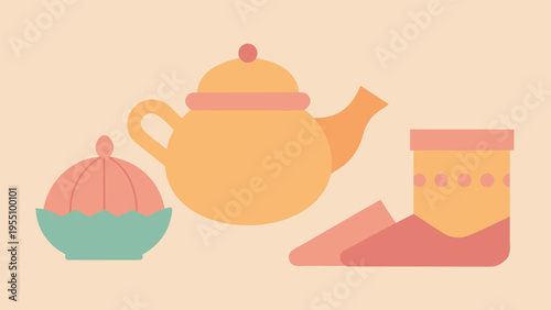 Vector art of a charming vector illustration of a cozy tea time scene, featuring a teapot, sugar bowl, and slippers on a soft background