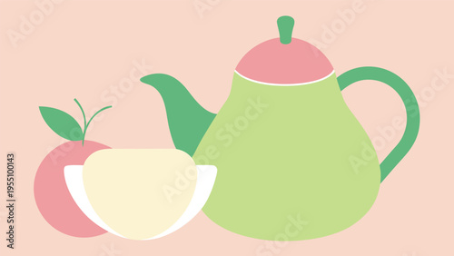 Vector art of a pastel illustration of a teapot, an apple, and a cup, creating a cozy and inviting scene, perfect for tea time and relaxation