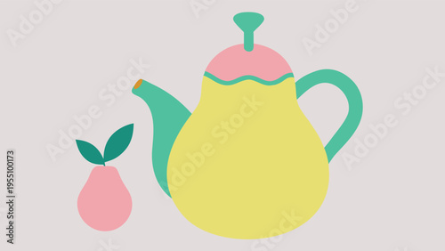 Vector art of a charming pastel illustration of a teapot and pear, evoking a sense of warmth and comfort, ideal for a cozy autumn afternoon