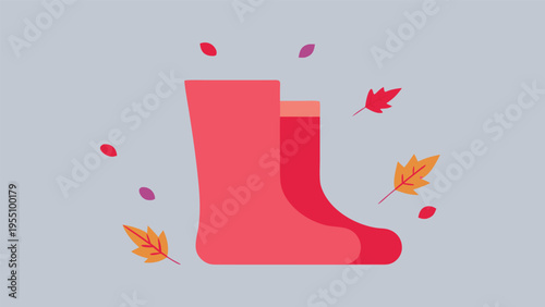 Vector art of a pair of red rain boots surrounded by falling autumn leaves, capturing the essence of fall and the joy of outdoor adventures