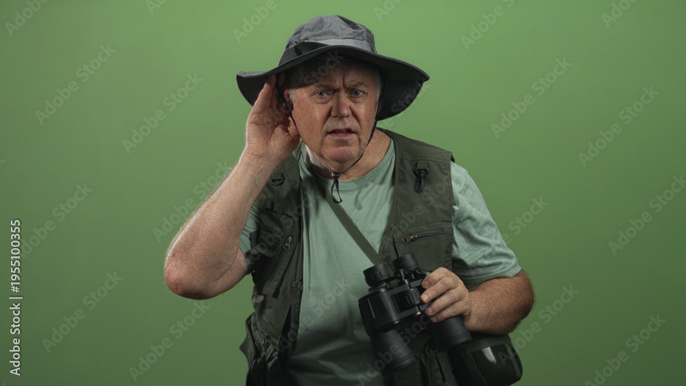 Fototapeta premium Senior man with binoculars cupping ear and listening, wearing fishing hat and field vest in studio; curiosity exploration.