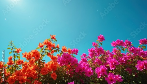 Bright pink and orange bougainvillea flowers bloom vividly against a clear blue sky. Lush green leaves frame the vibrant petals. Floral bush under sunny day. Summer nature scene.