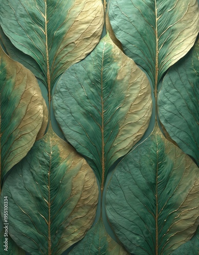 Textured pattern of large green and gold leaves. Veins create intricate detail. Abstract botanical design with natural elegance and luxury feel. Organic surface repeat.