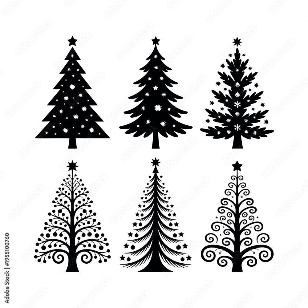 Obraz premium Collection of black christmas tree silhouettes on white background