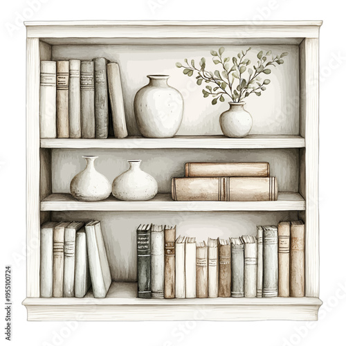 Watercolor white wooden bookshelf with vintage books and ceramic vases