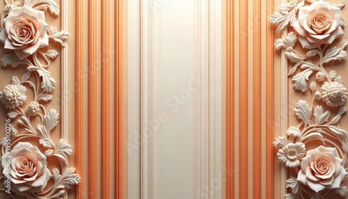 Elegant cream roses and floral elements adorn a striped background. Ornate decorative border design with soft orange and beige color palette. Luxury floral pattern for artistic compositions.