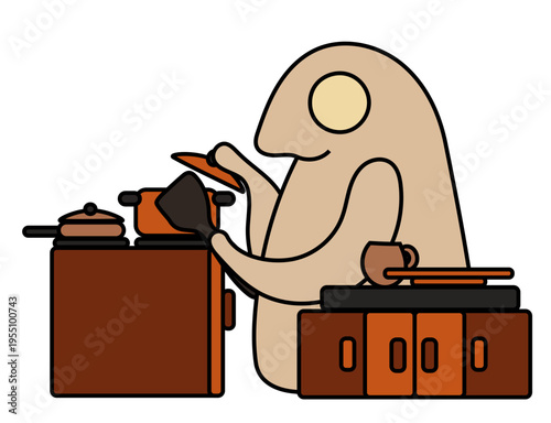 Beige smiling monster cooking next to a stove with two hot plates, a cooking and frying pan. Vector drawing. 
