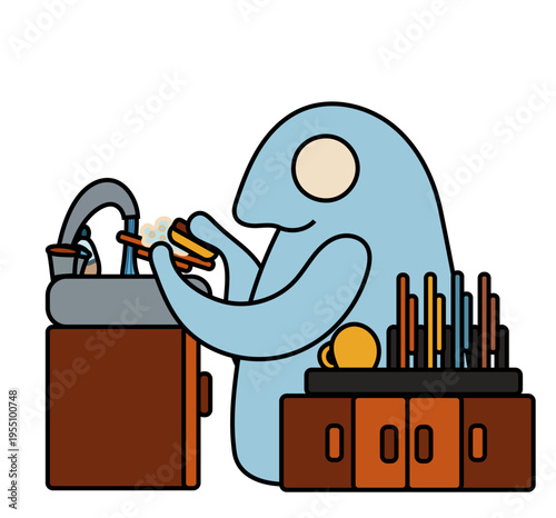 A blue smiling monster, seen from the side, washing the dishes in the sink, with a drying rack next to him. Vector drawing. 