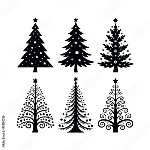 Collection of black christmas tree silhouettes on white background