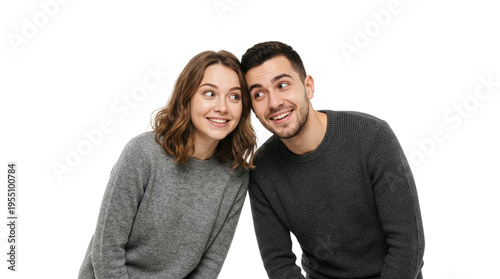Young couple smiling together heads touching wearing gray sweaters isolated on white background affectionate and happy