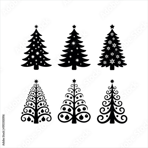 Collection of six stylized black christmas tree silhouettes isolated on white background