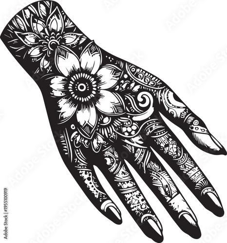 Black and White Mehndi Design Vector | Intricate Henna Art Illustration