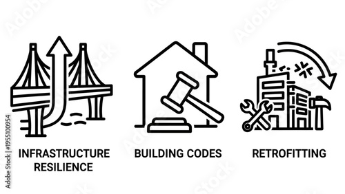 Infrastructure resilience, building codes, and retrofitting icons for urban planning, construction, and renovation vector art, real estate