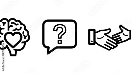 Brain with heart, question mark speech bubble, and handshake icons for empathy, confusion, and partnership concepts vector art