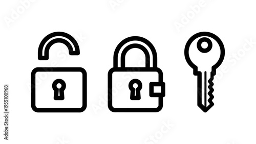 Padlock, open padlock, and key icons for security, access, and privacy concepts vector illustration