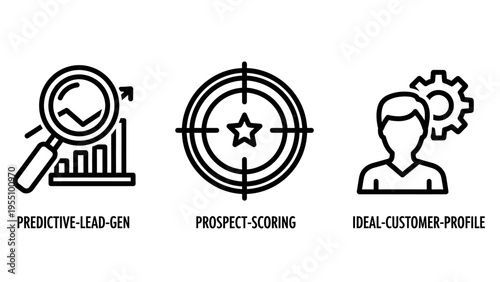 Sales and marketing icons: predictive lead generation, prospect scoring, ideal customer profile, data analysis, target audience, crm, marketing strategy, business development, customer acquisition