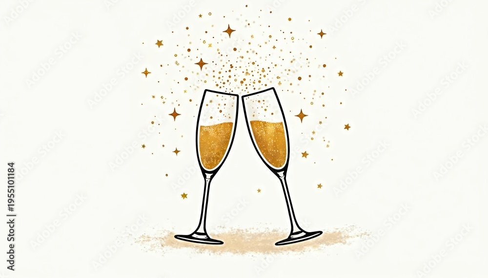Fototapeta premium Two champagne glasses clink together. Golden bubbles and stars fly up from the rim. Festive background for celebration events like New Year or wedding party.