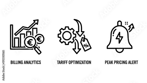 Billing analytics chart, tariff optimization, peak pricing alert, finance, money, cost, optimization, expense, alert, notification, graph, vector