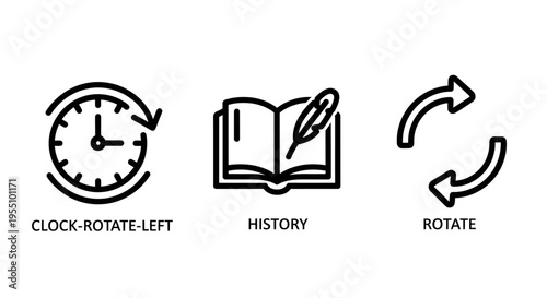 Clock rotate left icon, history book, rotate arrows, time, past, record, review, repeat, refresh, cycle, movement, vector