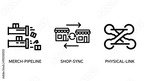 Retail and logistics icons: merch pipeline, shop sync, physical link, supply chain, e-commerce, distribution, business operations, thin line vector graphics