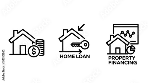 Real estate icons: house with coins, key and home loan, and graph for property financing. business and finance concepts