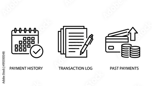Finance icons: calendar for payment history, document for transaction log, and credit cards for past payments. financial record keeping concepts
