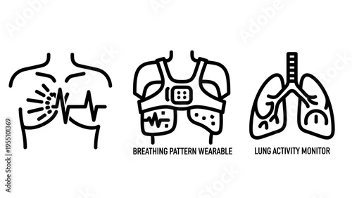 Medical icons: heartbeat monitor, breathing pattern wearable device, and lungs
