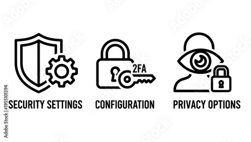 Security settings shield, configuration padlock with key, and privacy options eye icons