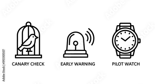 Alert icons: bird in cage, siren light, wristwatch - graphic symbols