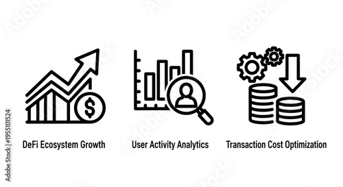 Set of financial growth icons: arrow graph, analytics dashboard with user icon, and coin stack with downward trend, representing defi ecosystem growth, user activity analytics, and transaction cost op