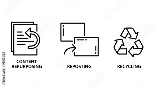 Content icons: repurposing, reposting, recycling - digital media symbols