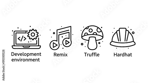 Collection of simple line icons: laptop with code symbol for development environment, musical notes for remix, mushroom for truffle, and hardhat for construction, representing different concepts and t