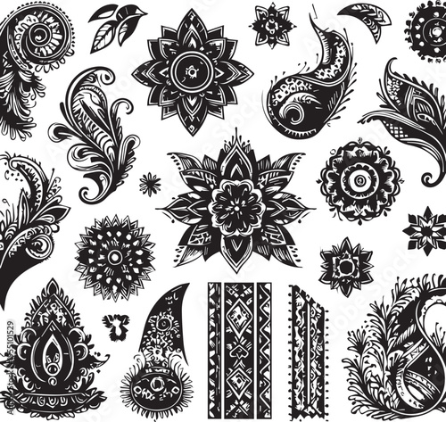 Black and White Mehndi Design Vector | Intricate Henna Art Illustration