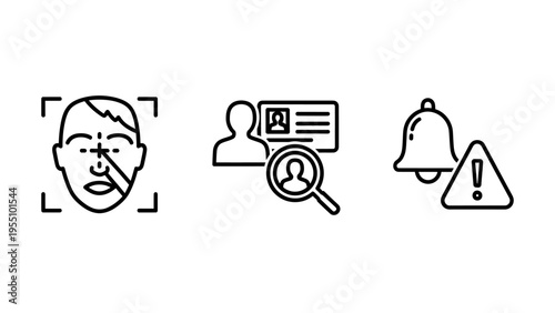 Icons related to security and identification: face recognition scan, user search with id card, and alert bell with warning symbol, representing surveillance, data privacy, and notification systems